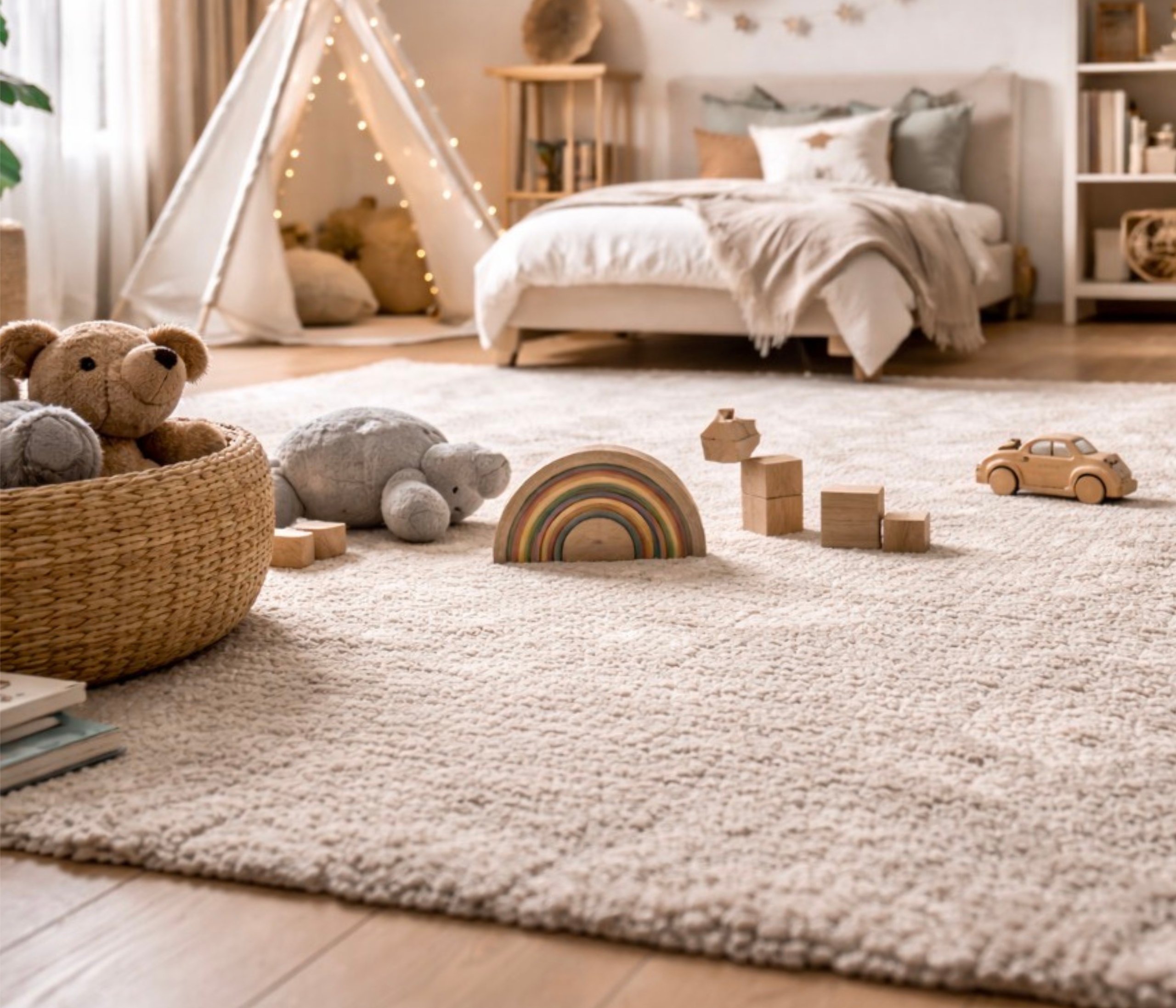 Kinderzimmer mit weichem Teppichboden, Spielzeug und gem&uuml;tlicher Spielecke