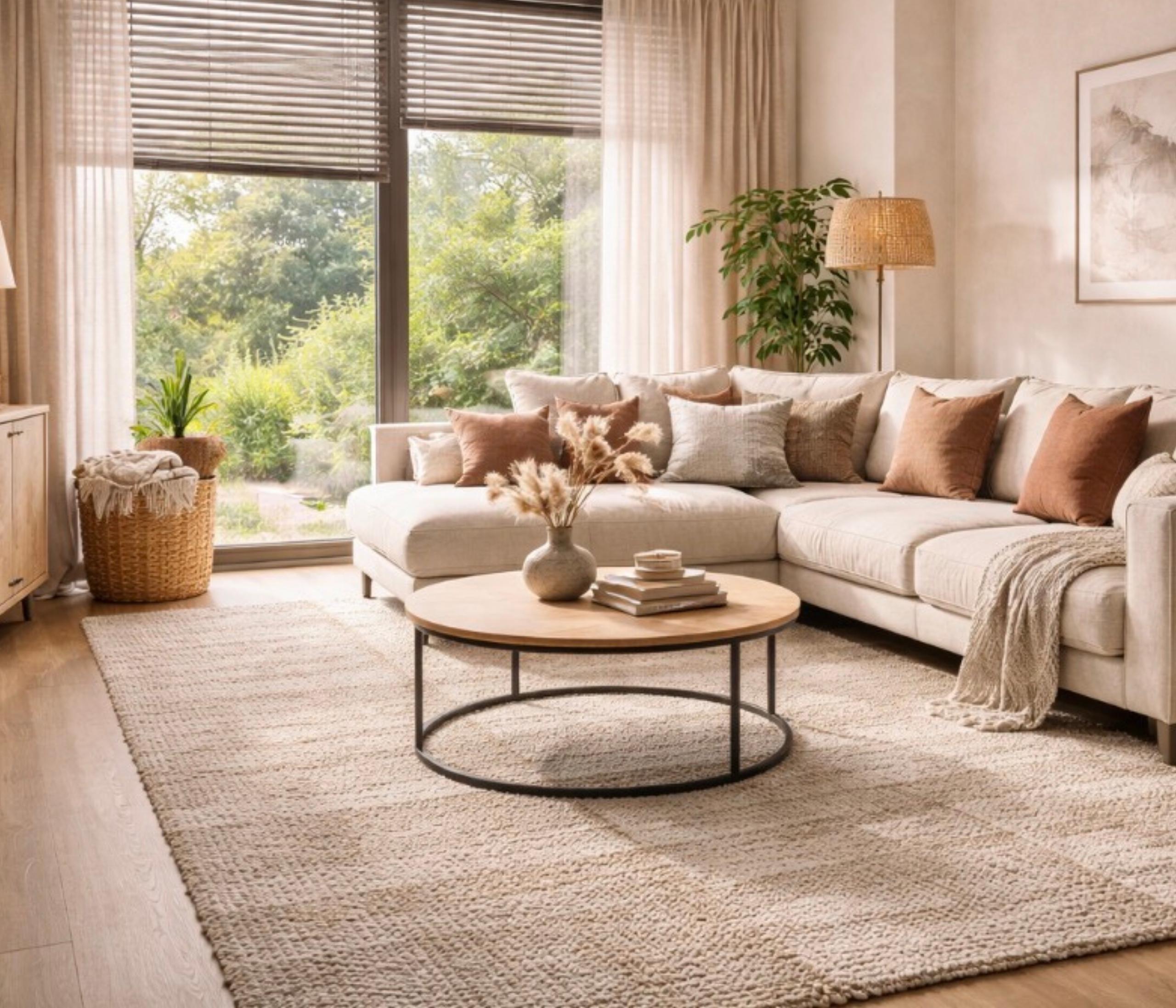 Modernes Wohnzimmer mit gro&szlig;em Teppich, Sofa und Wohnaccessoirs in heller und wohnlicher Einrichtung